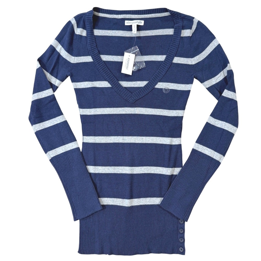 Y2K Style Striped Sweater Aeropostale Women Small Blue Gray Preppy Soft Girl